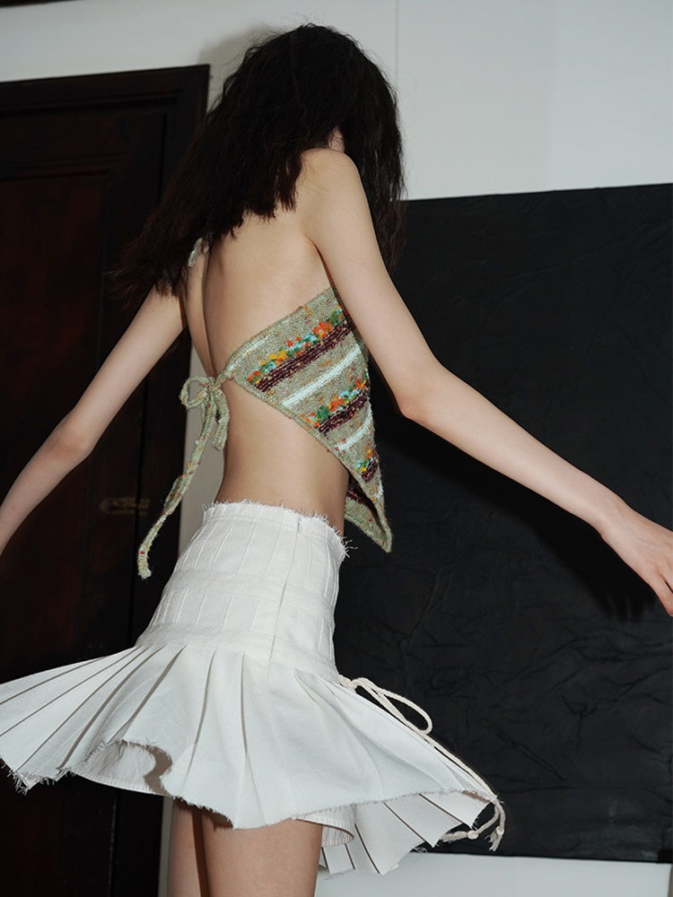 대조적 인 줄무늬 원사 니트 홀터 탱크 탑