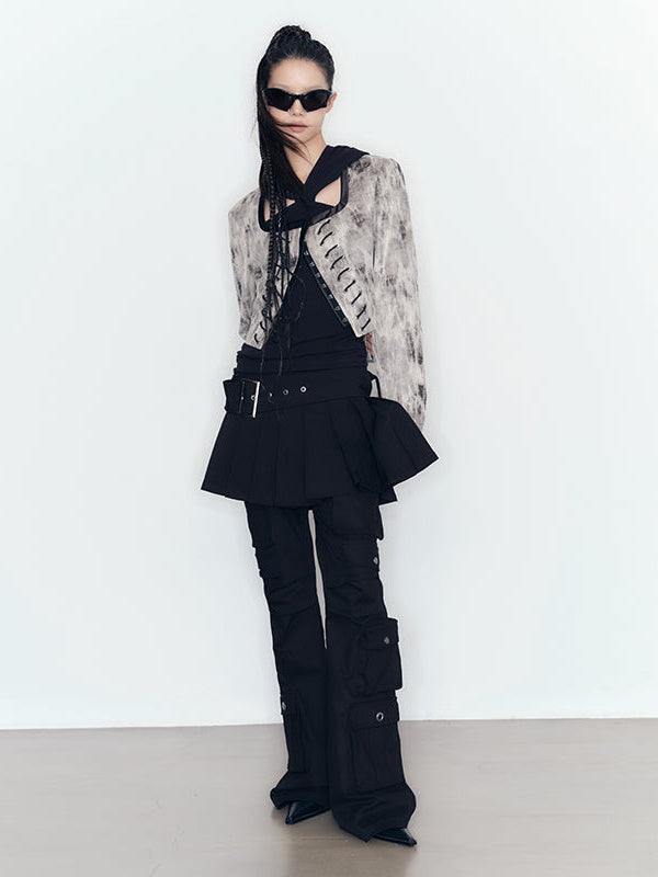 Mottled No Collar Jacket & A-Line Mini Skirt