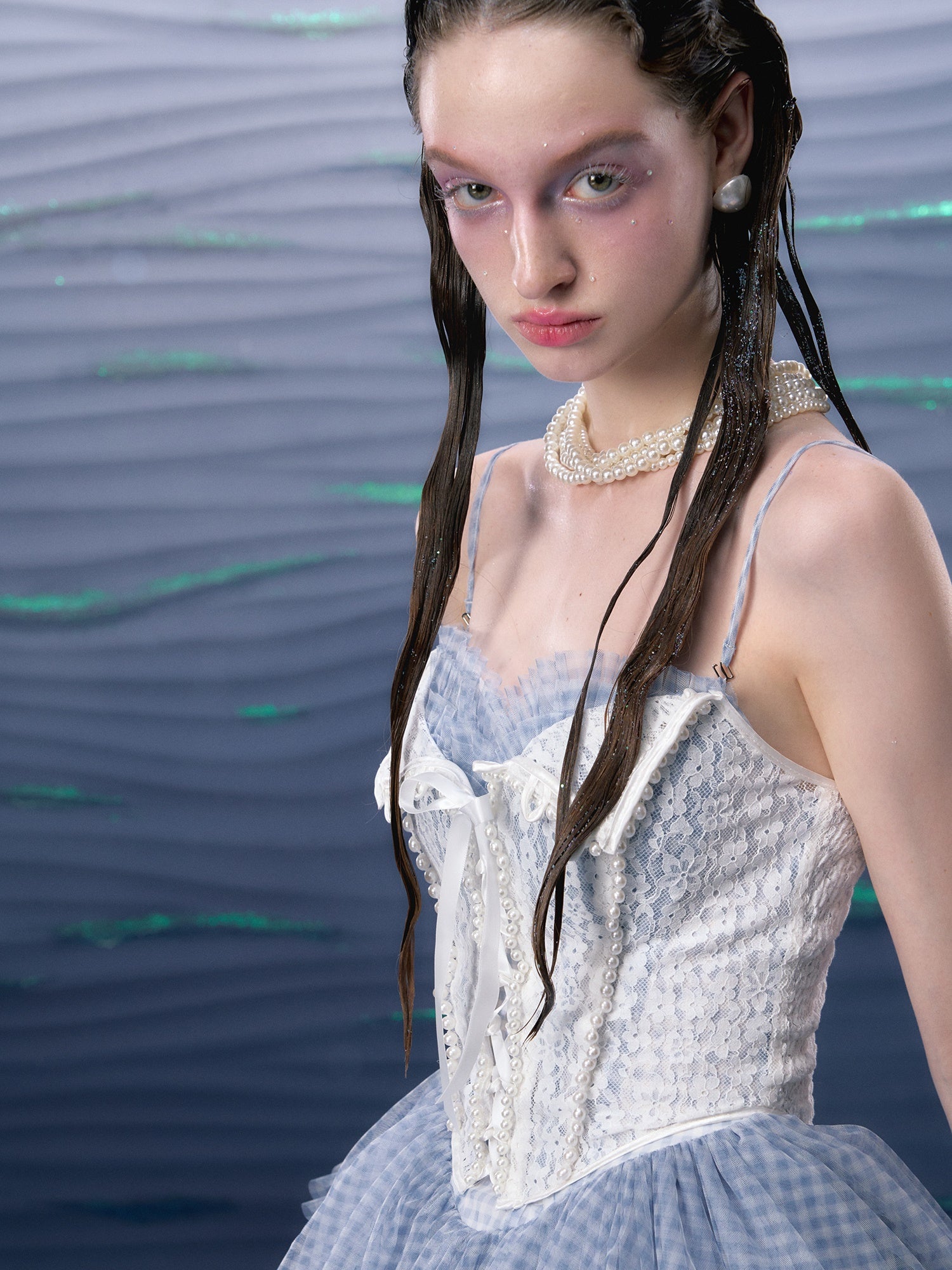 격자 무늬 메쉬 투투 서스펜더 드레스 & 레이스 진주 코르셋