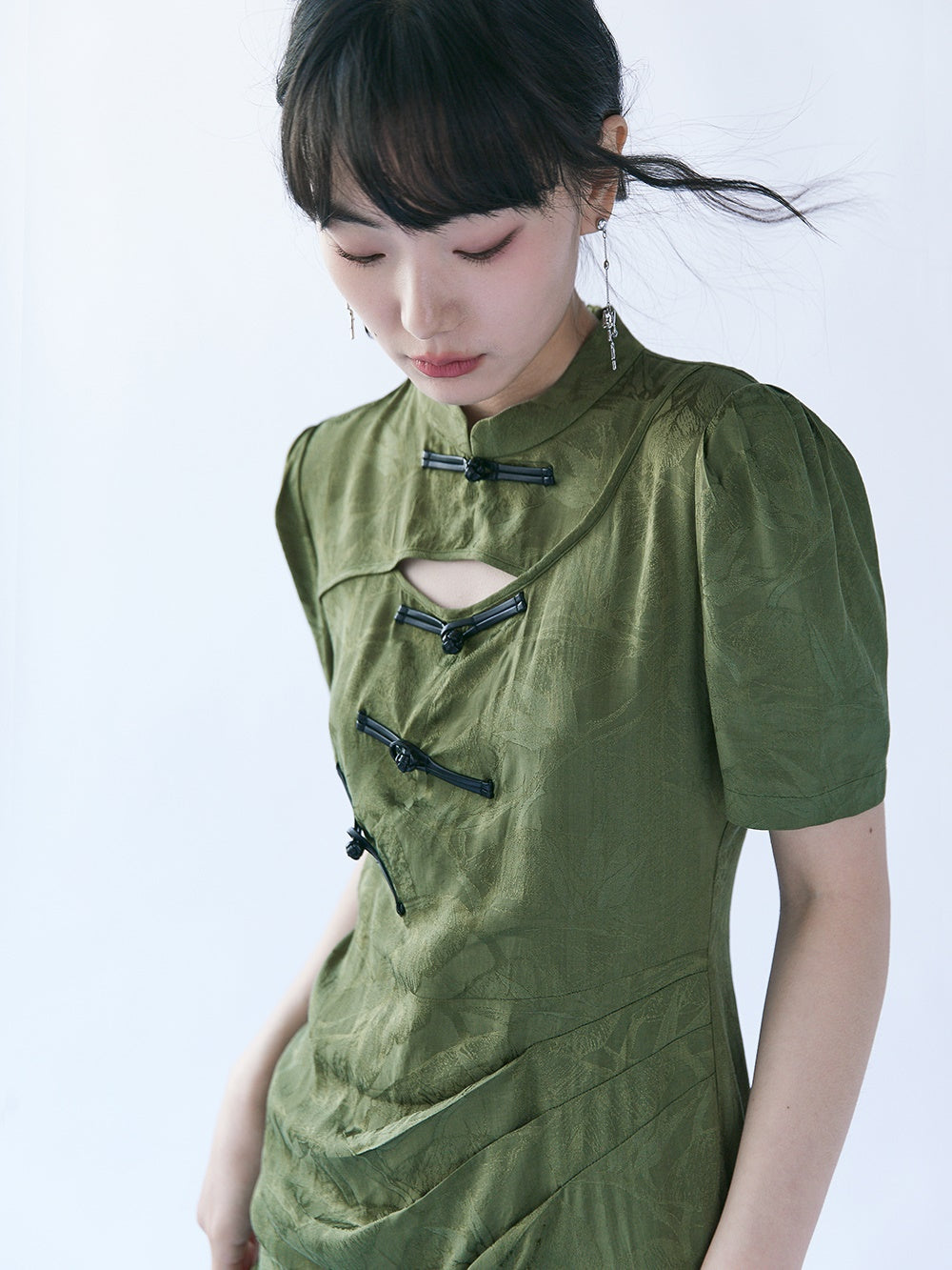 Chinese Style Bamboo Leaf Hollow Buckle A-line Dress