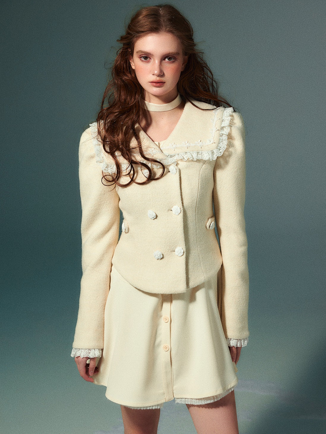 Lace Navy Collar Double-Blest Jacket & Skirt
