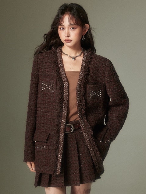 Nietglitter-Tweed-No-Kriechen-Jacke und Faltenrock