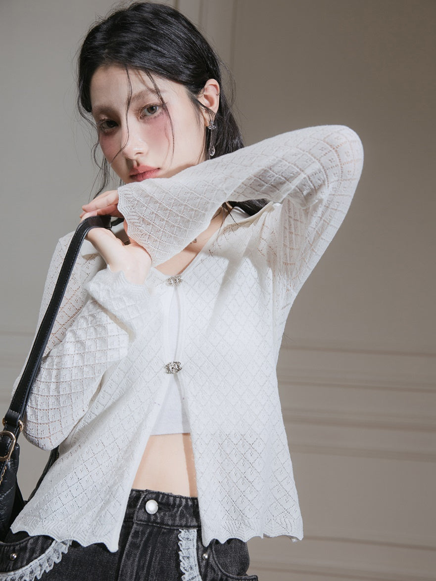 Hollow Short Knitted Cardigan & Camisole Set-up