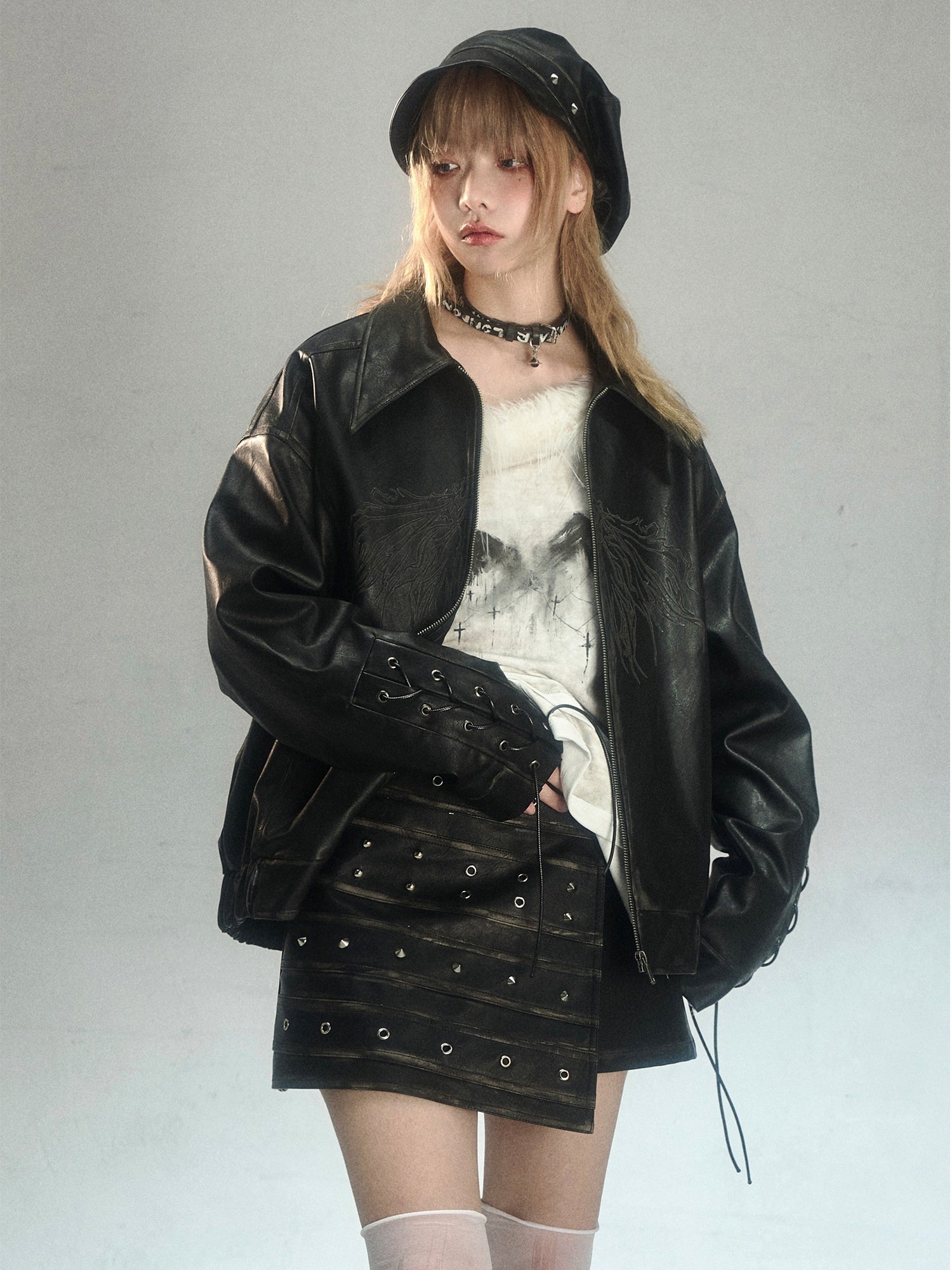 Veste en cuir lâche imprimé à l&