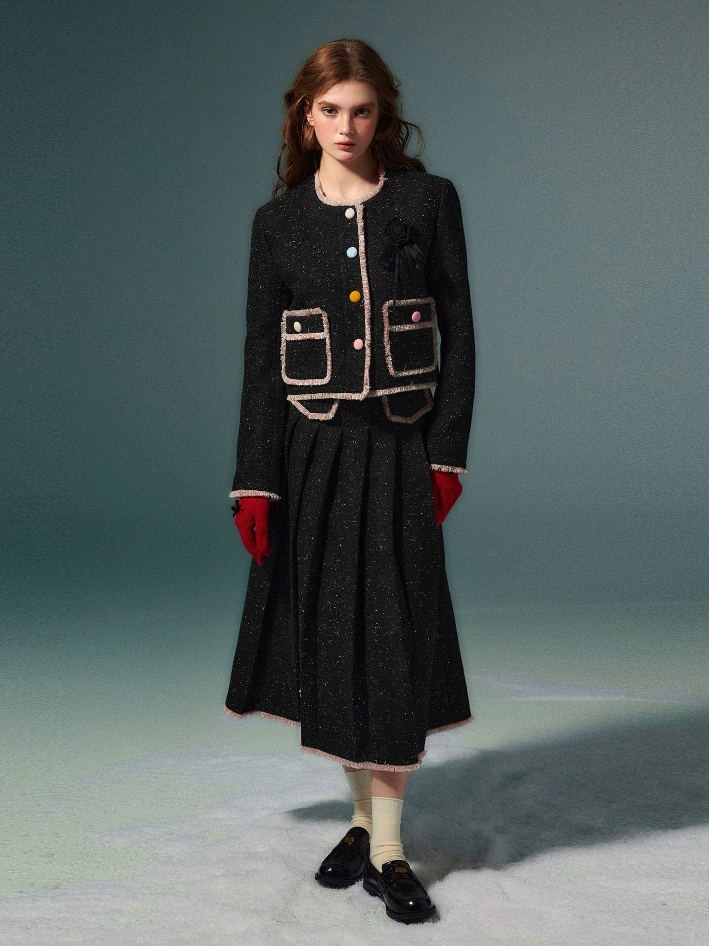 Colorful Dot No Collar Jacket & Pleated Skirt