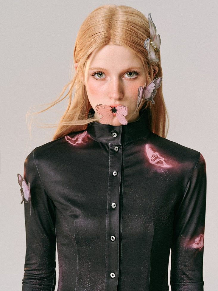 Butterfly Gradient Neon Print Shirt & Long Skirt