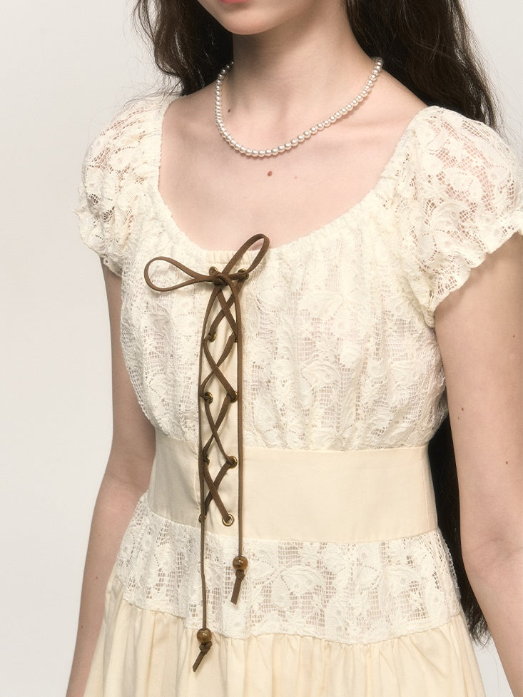 Retro Lace-up A-line Lace Tiered Puff Sleeve One-piece