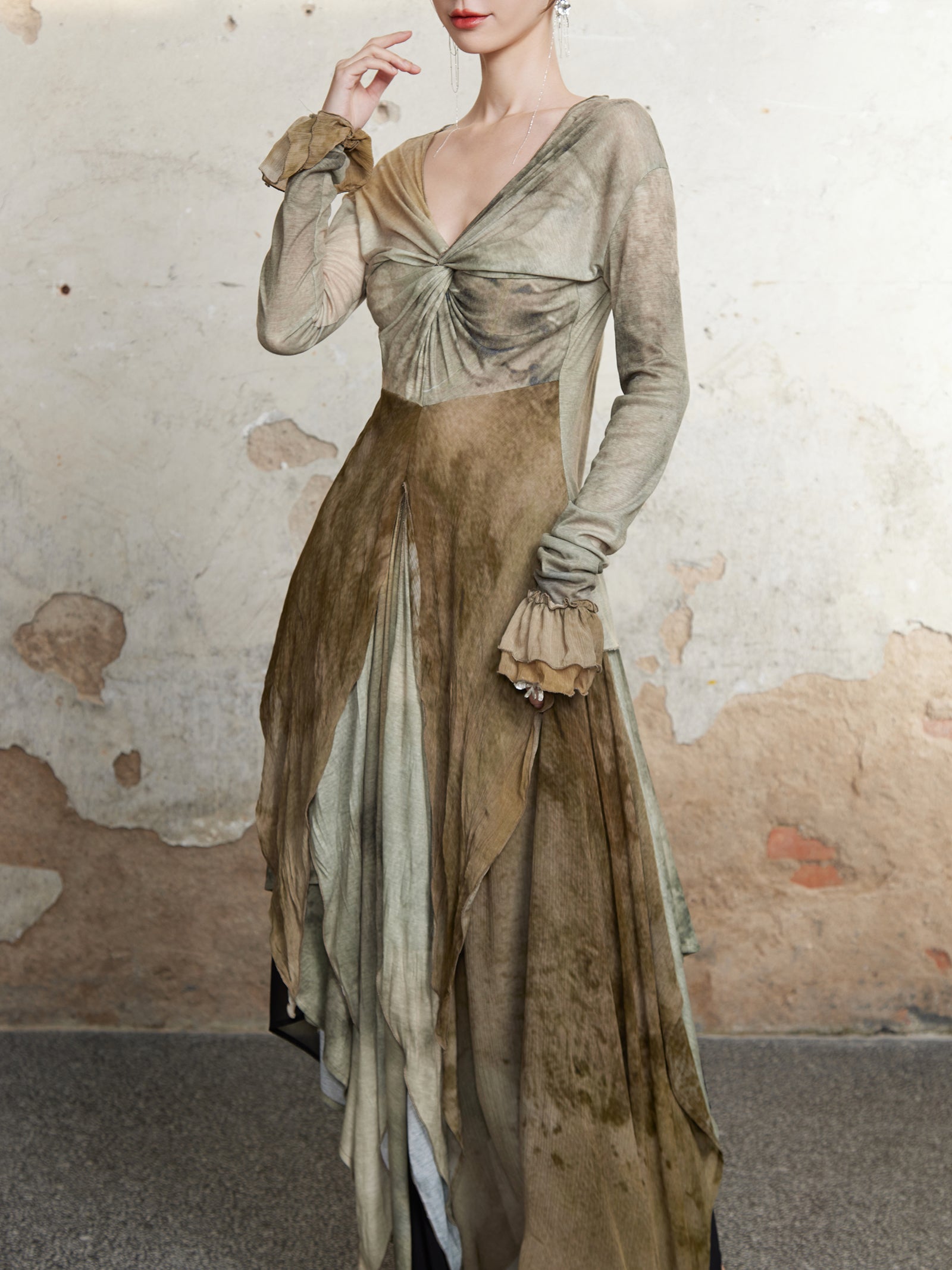 V-Ausschnitt-Twist-Design Langarm Pullover