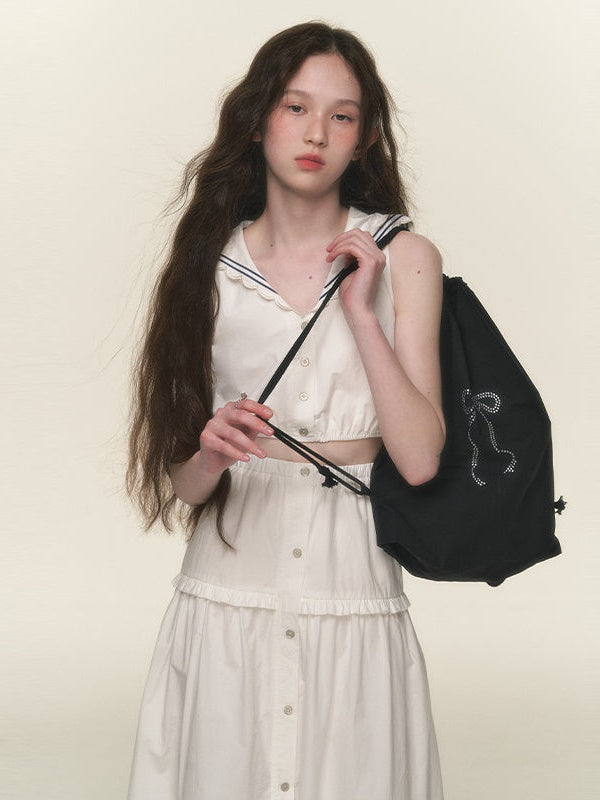 네이비 칼라 짧은 셔츠 및 전면 버튼 스커트