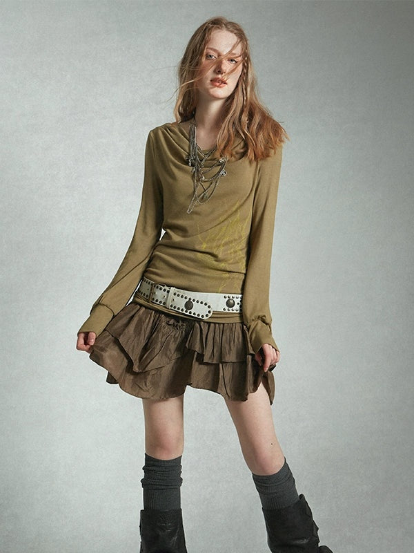 스윙 칼라 프린트 개더 티셔츠