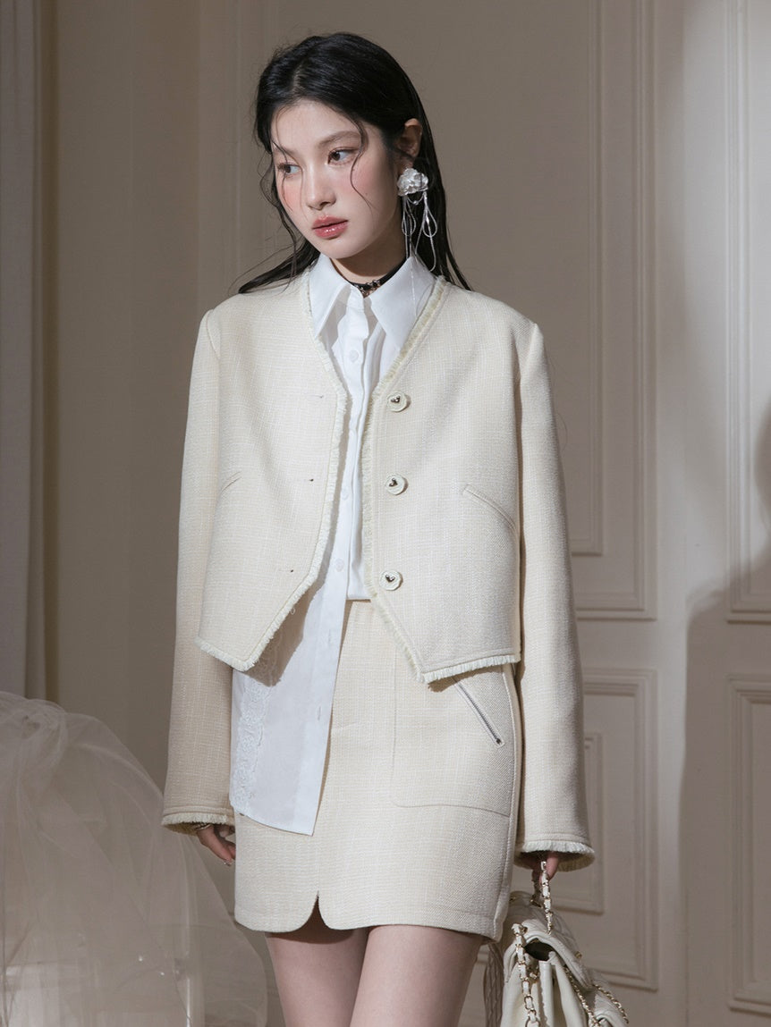 V-neck Small Fragrant Style Short Jacket & Skirt Set-up