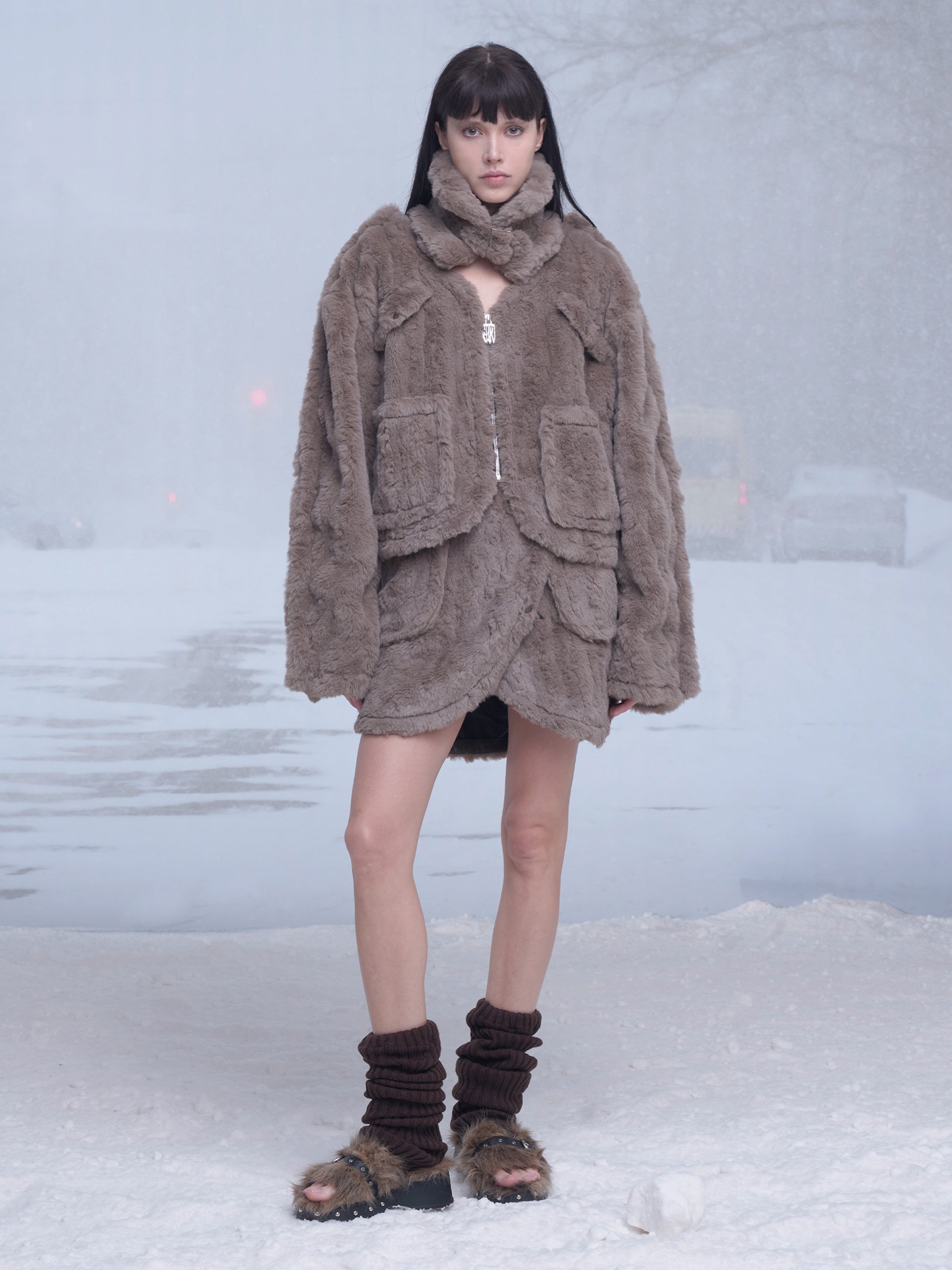Fluffy Removable Collar Short Jacket & Wrap Design Skirt