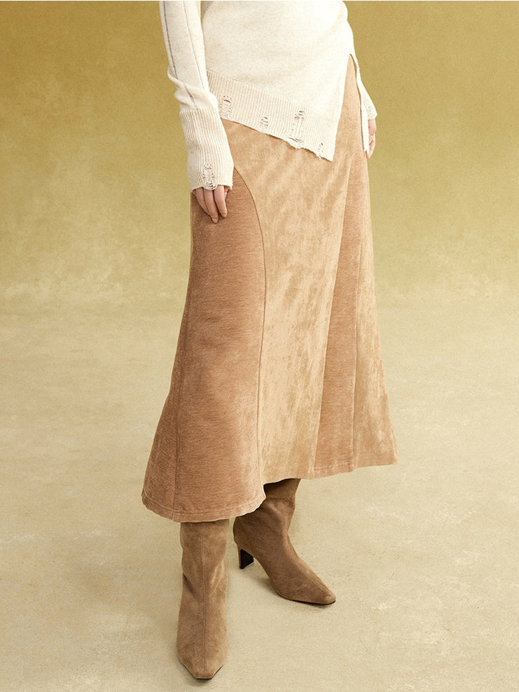 Fake Suede Curved Patchwork Skirt