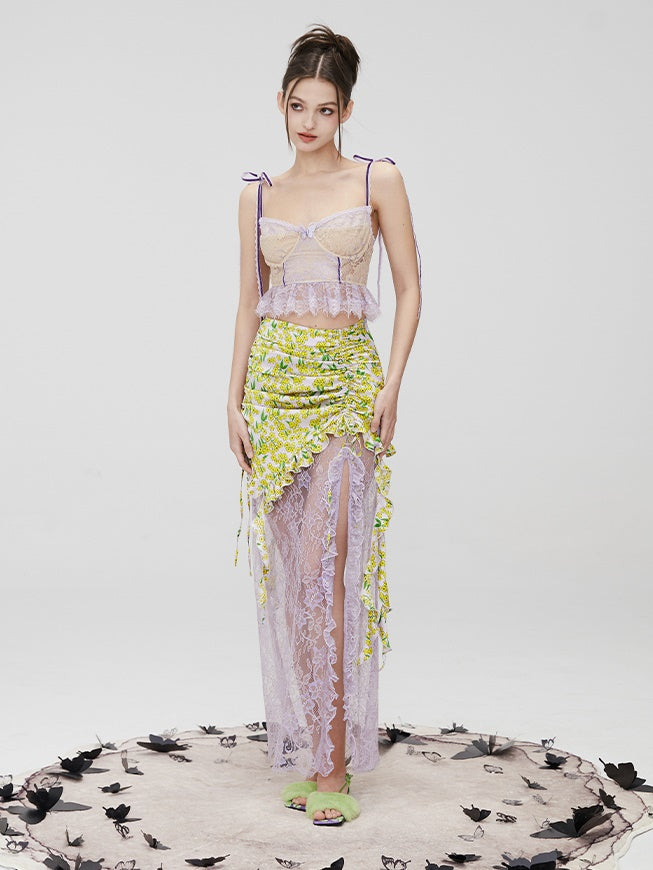 Lace Contrast Color Stitching Bra & Bottoms