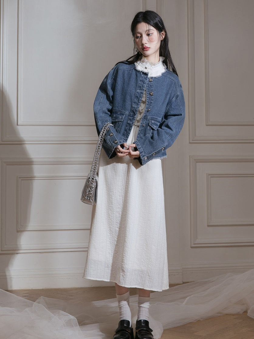 Raw Edge Jacquard Denim Jacket & Butterfly Suspender Skirt