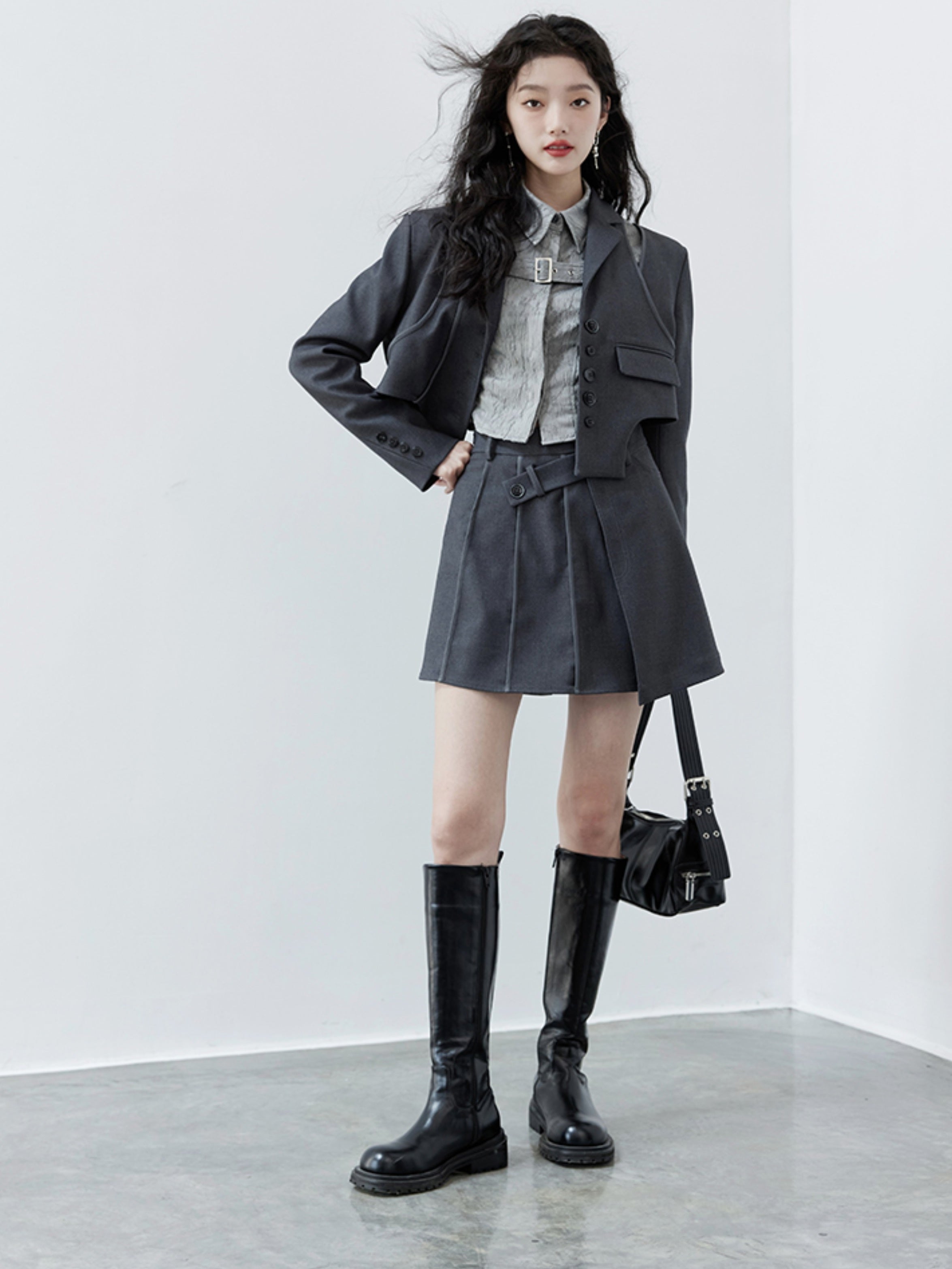 College Style Design Jacket & Pleated Skirt & Jacquard Shirt