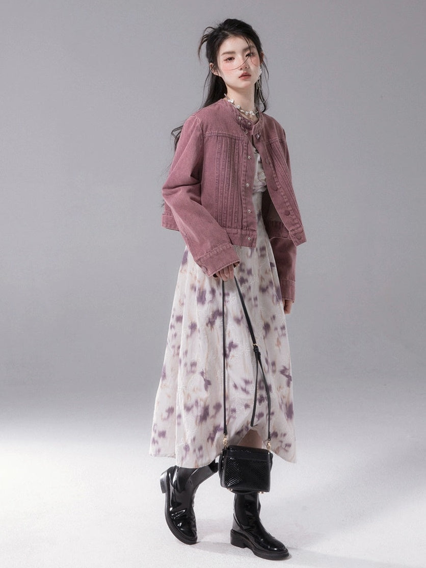 No-Collar Colored Denim Short Jacket