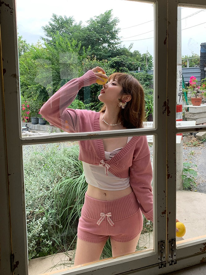 Knitted Cropped V-neck Cardigan & Short Pants