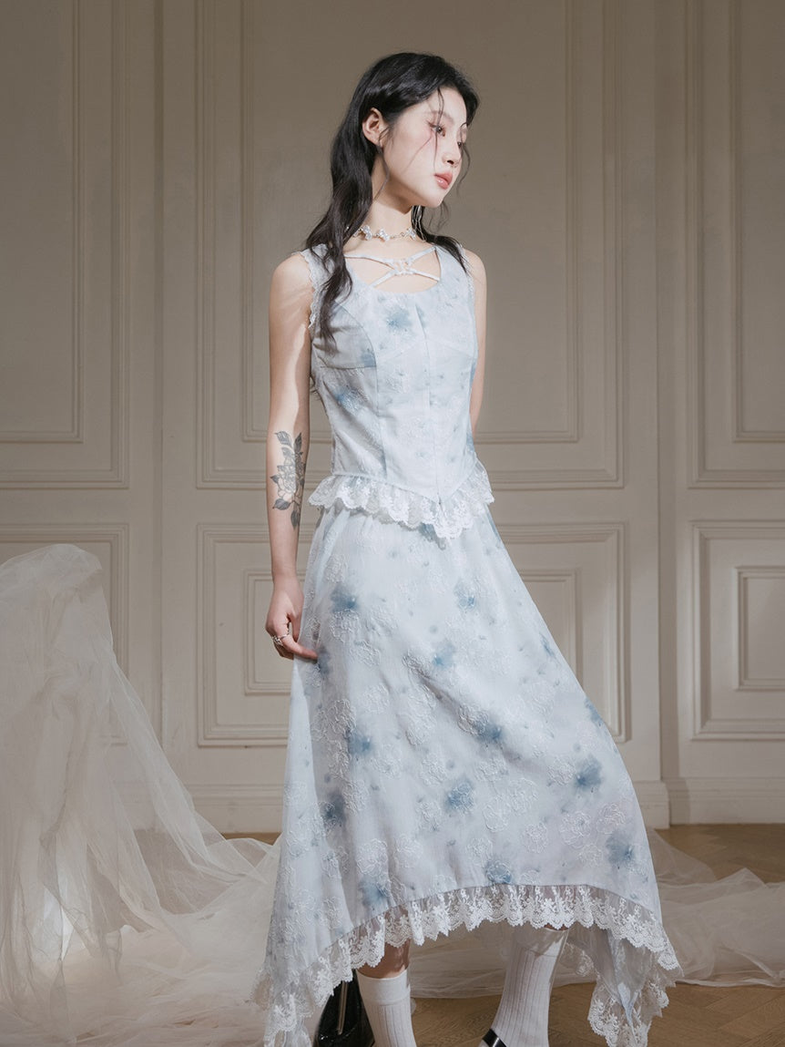 Rose Ink Printed Lace Sleeveless Top & Irregular Hem Skirt Set-up