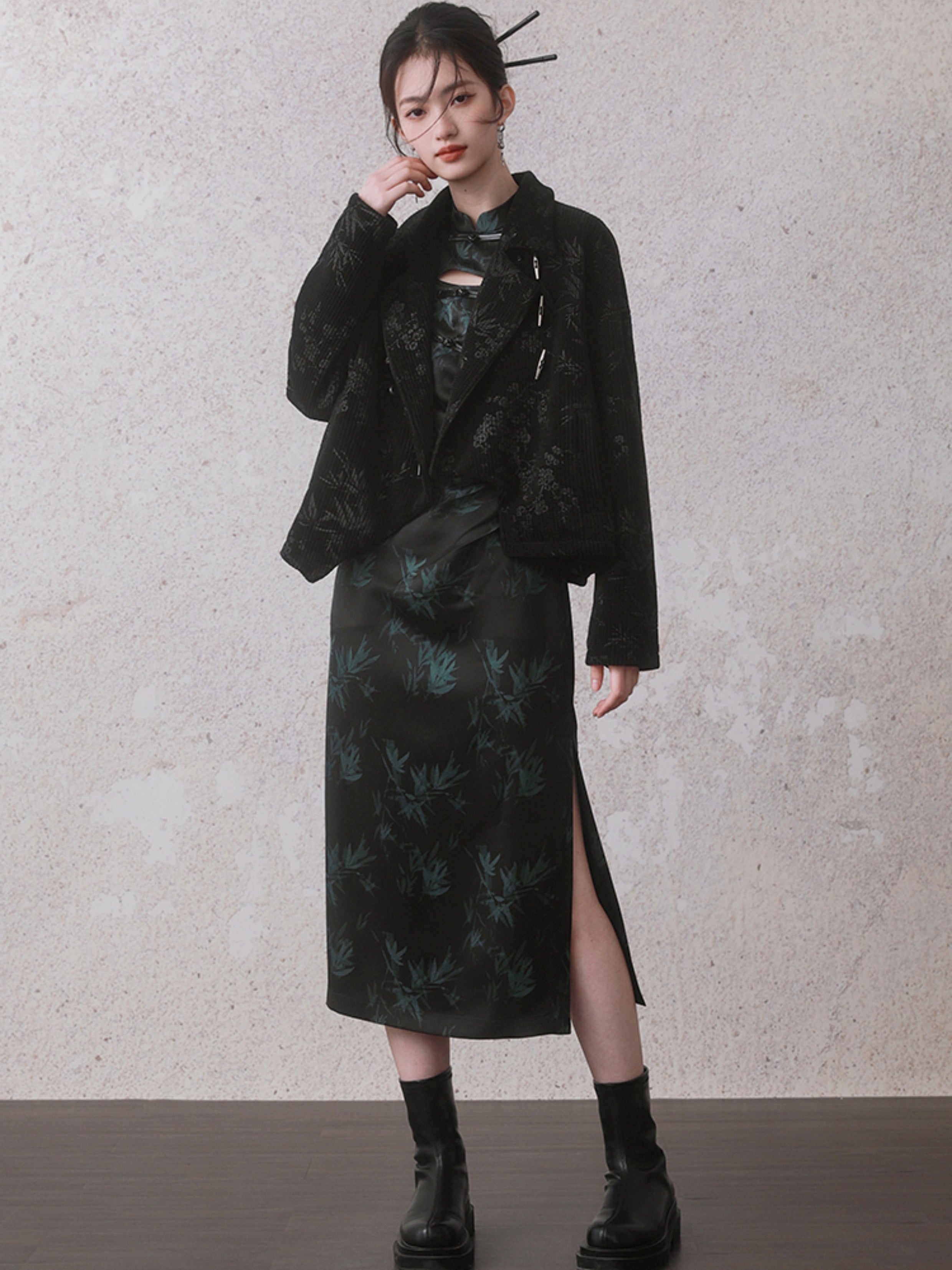 Bamboo Leaf Print Cheongsam Long Sleeve Dress