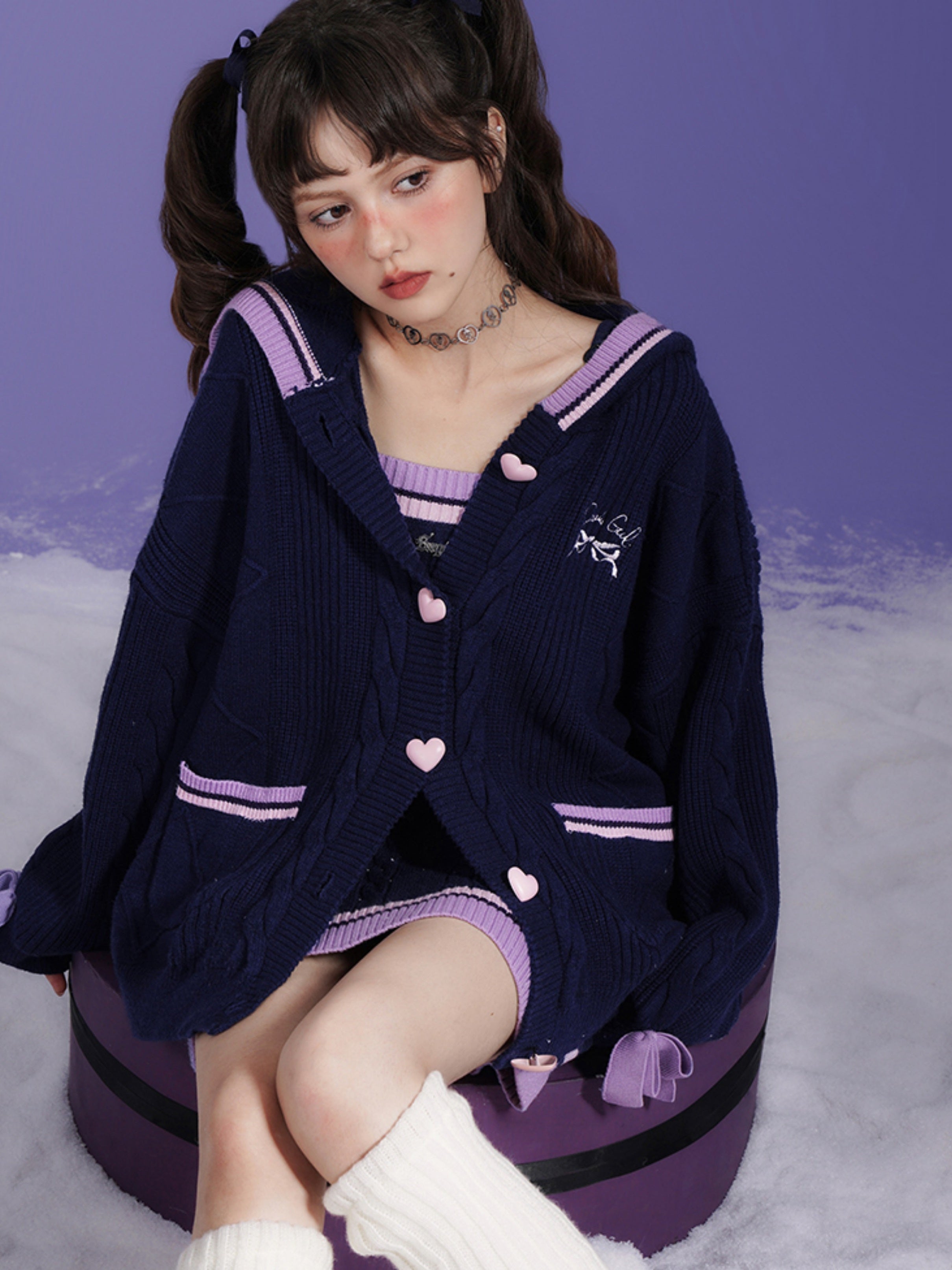 Line Design Hooded Knitted Cardigan & Cable Knitted Slip Dress