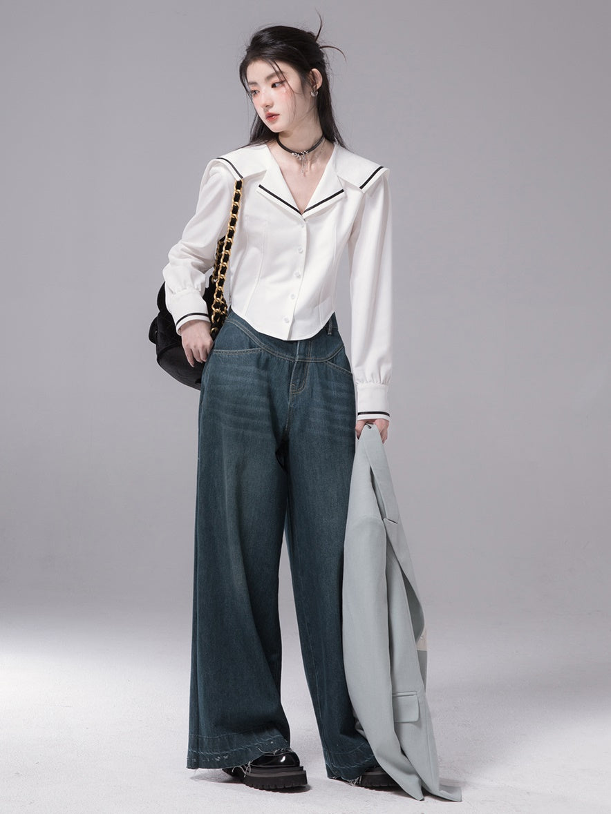 Wavy Split Line Retro Wide-leg Jeans