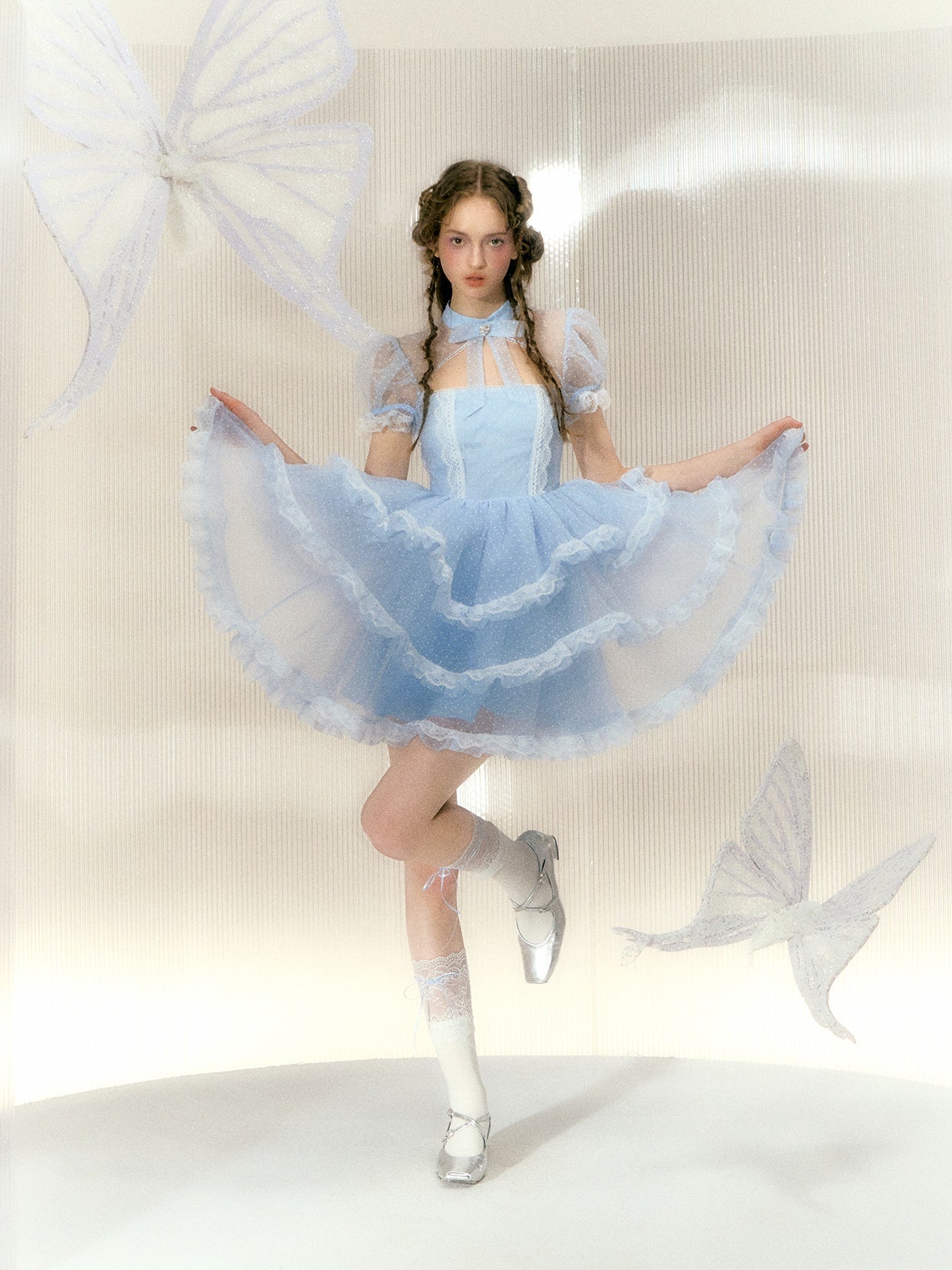 Polka Dot Rhinestone Bow Short-sleeved Lace Princess Dress