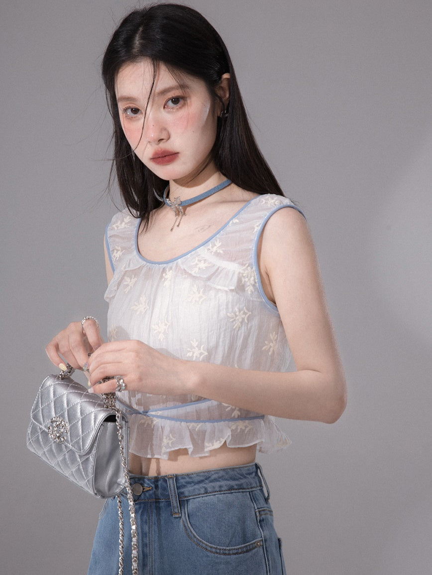 Embroidered Sleeveless Tulle Top & Tube Top