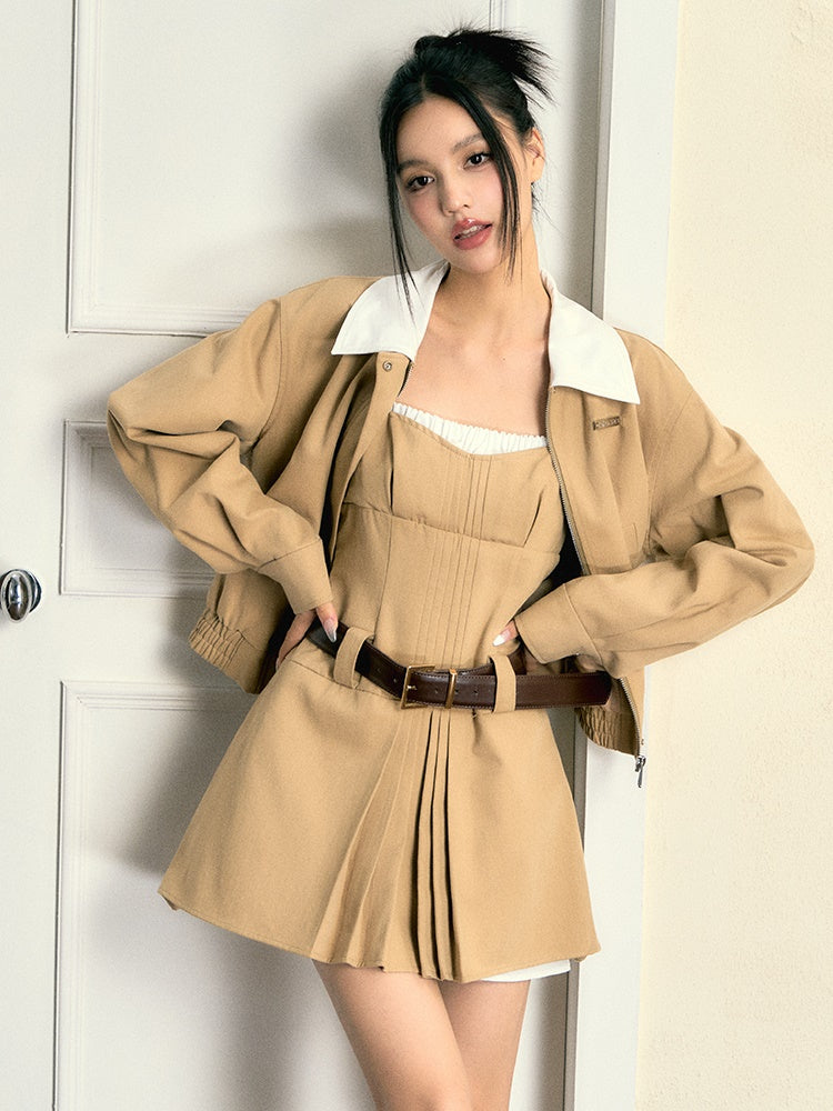 ZIP-Up Casual Jacket & Fake Layered Strap One-piece