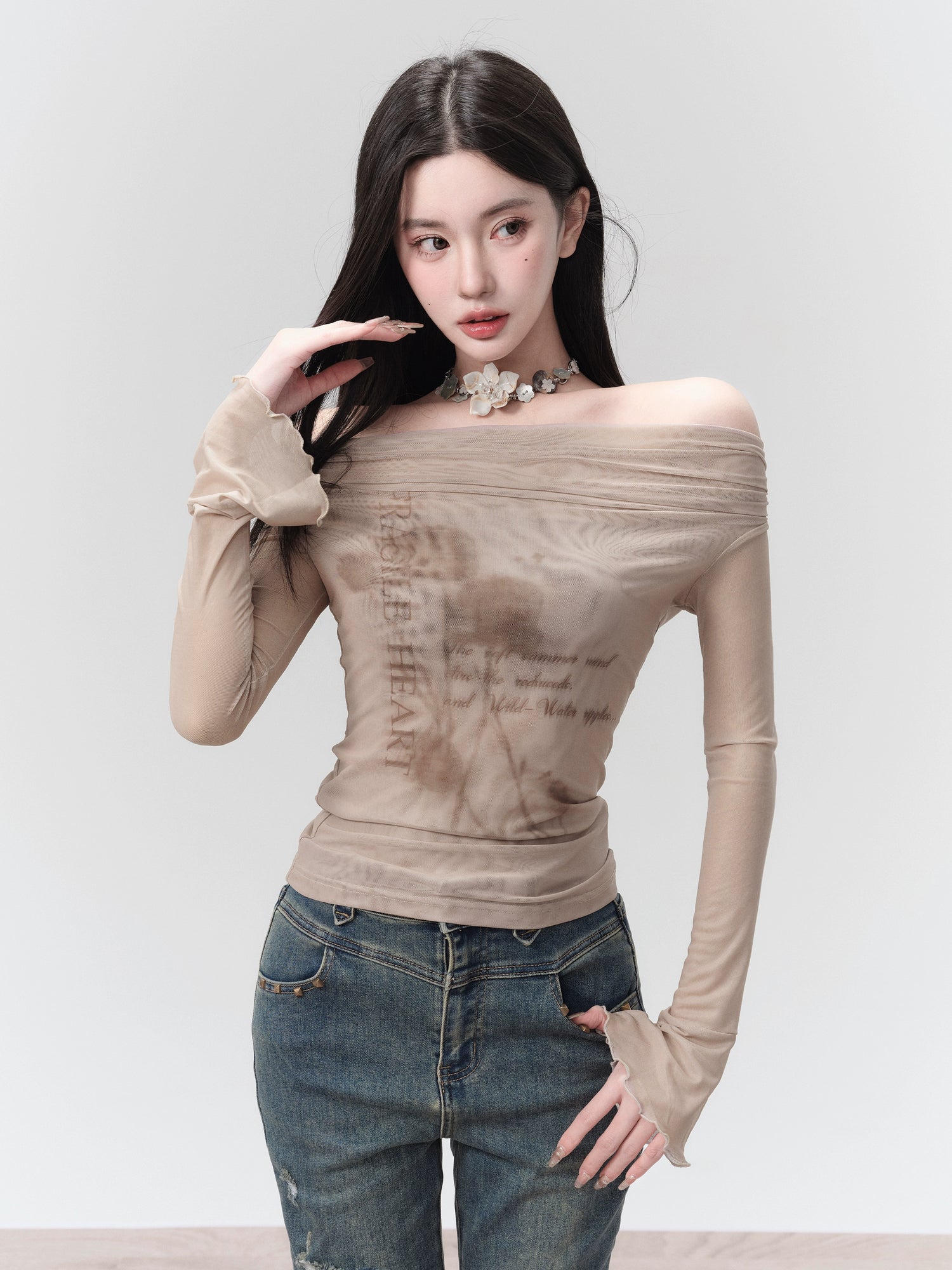 Off-shoulder Print Slim Long Sleeve Mesh T-shirt