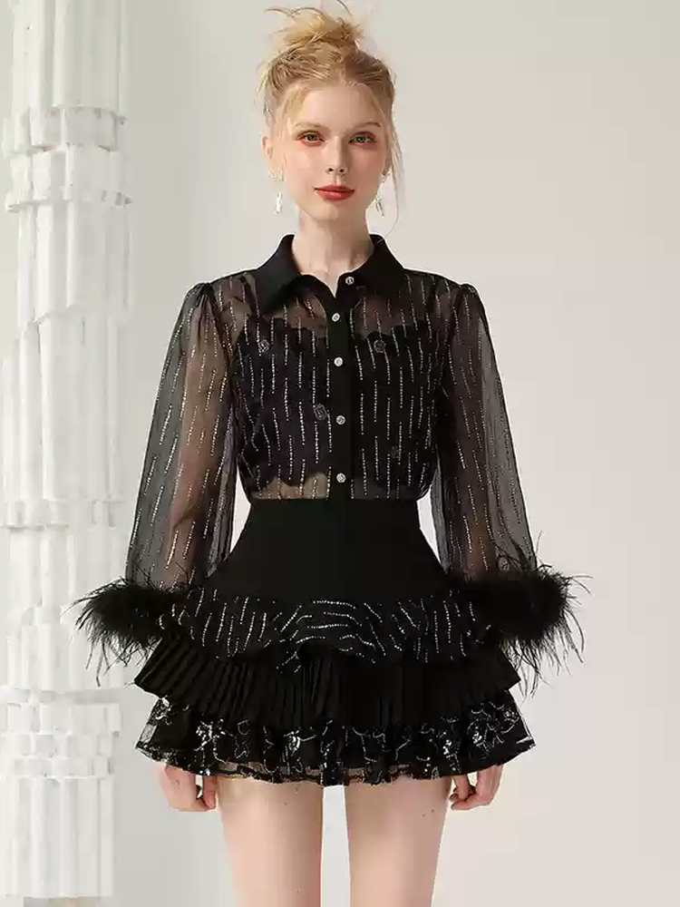 Set-Up 2Set Fur See-Through Elegant Lace Blouse&Mini-Skirt&Camisole