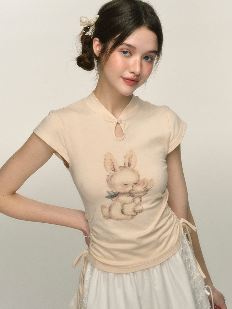 Chinese Style Rabbit Print Drawstring T-shirt