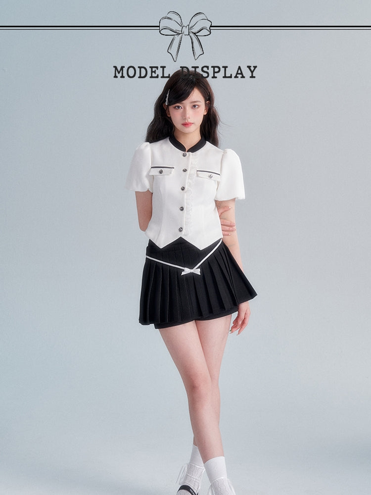 세련된 퍼프 슬리브 모노톤 스위트 블라우스 & 컬 로테