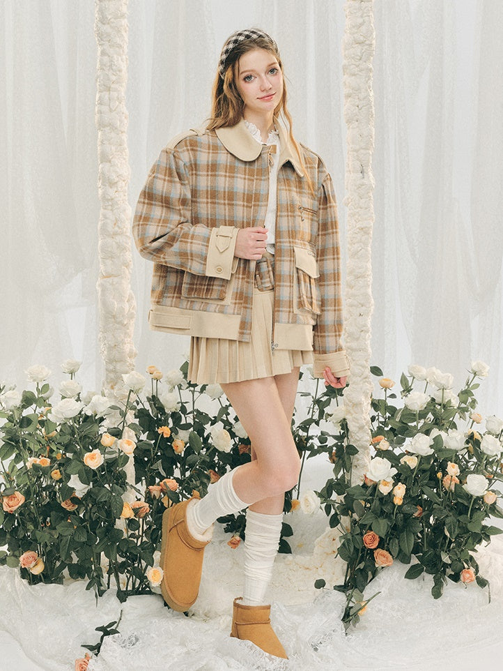Plaid Round Collar Short Jacket & Mini Pleated Skirt