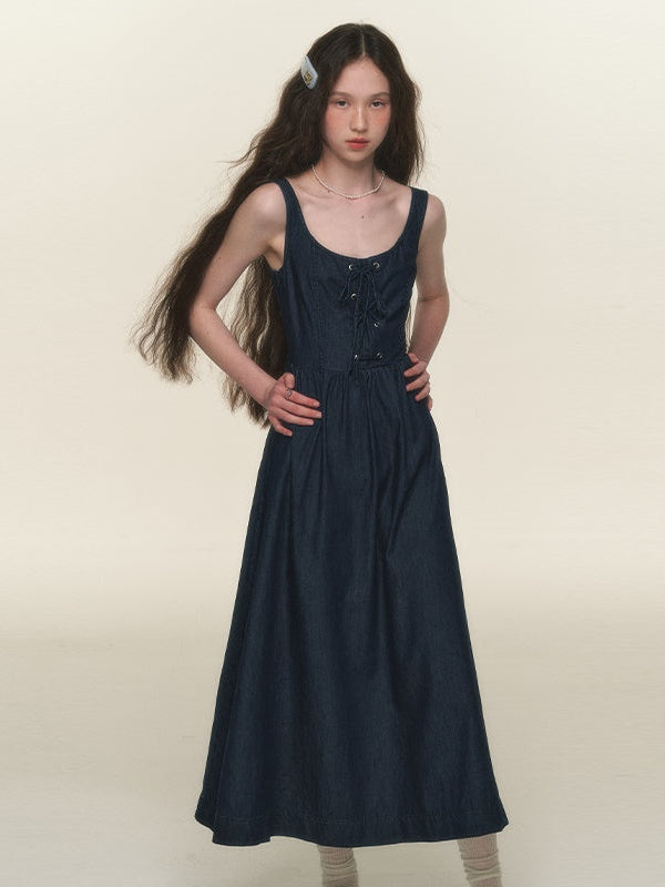 Lace-up Sleeveless Denim Drawstring One-piece