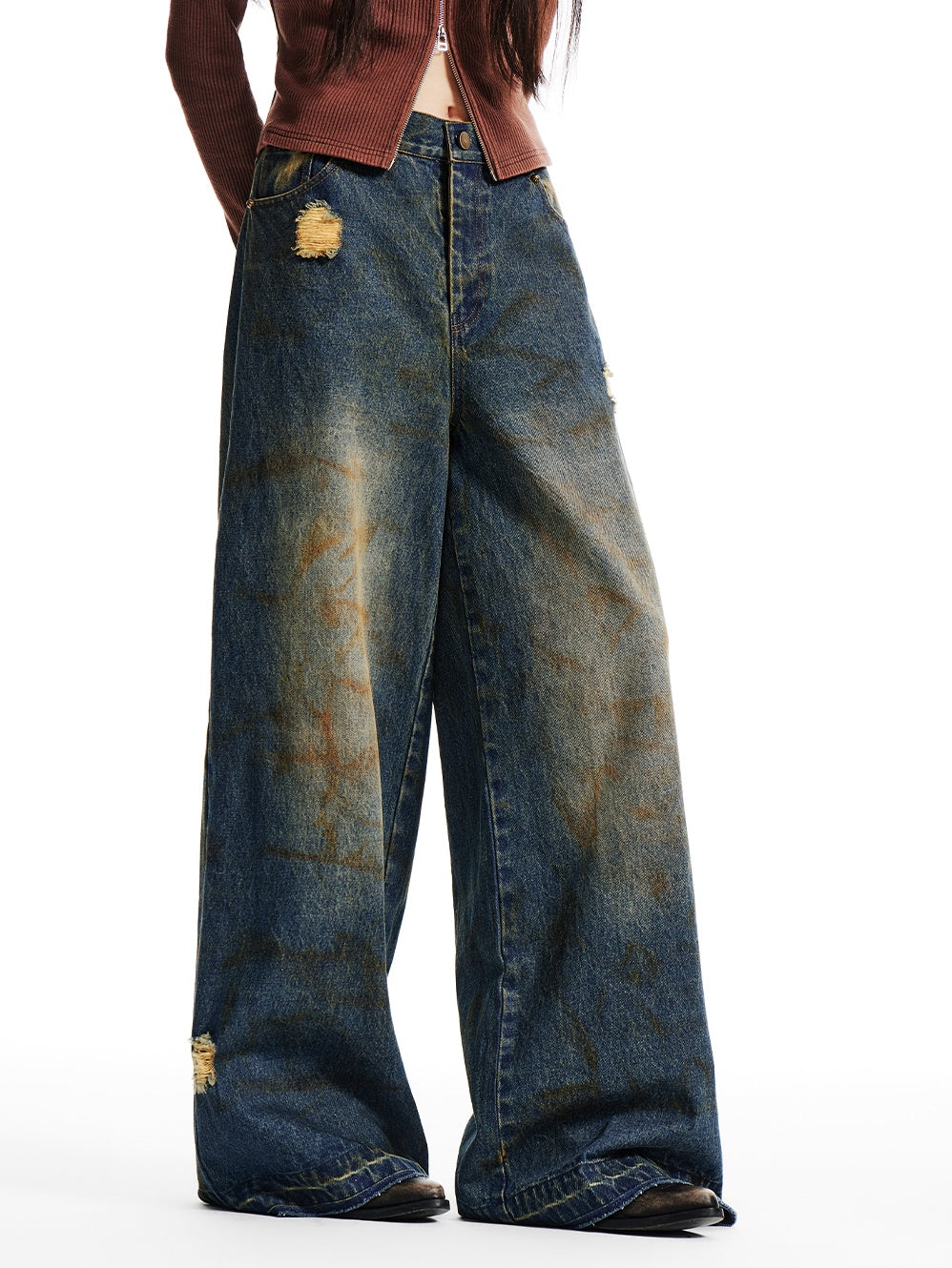 Dirty Washed Ripped Loose Wide Leg Jeans