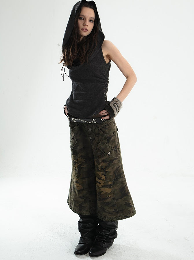 Low-waist Loose Camouflage Eight-quarter Flare Pants