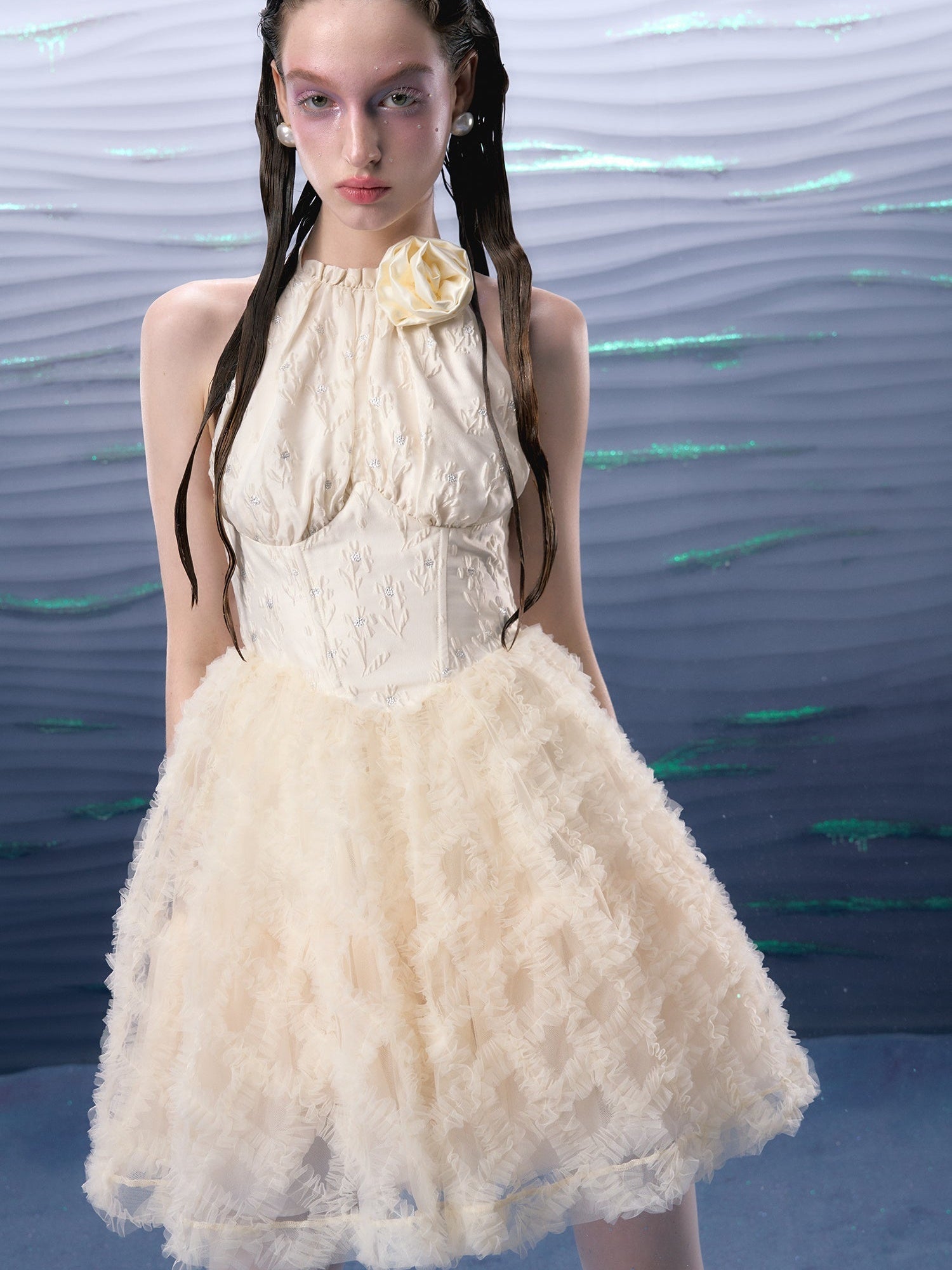 Jacquard Mesh Hem Flower Brooch Halter Neck Dress