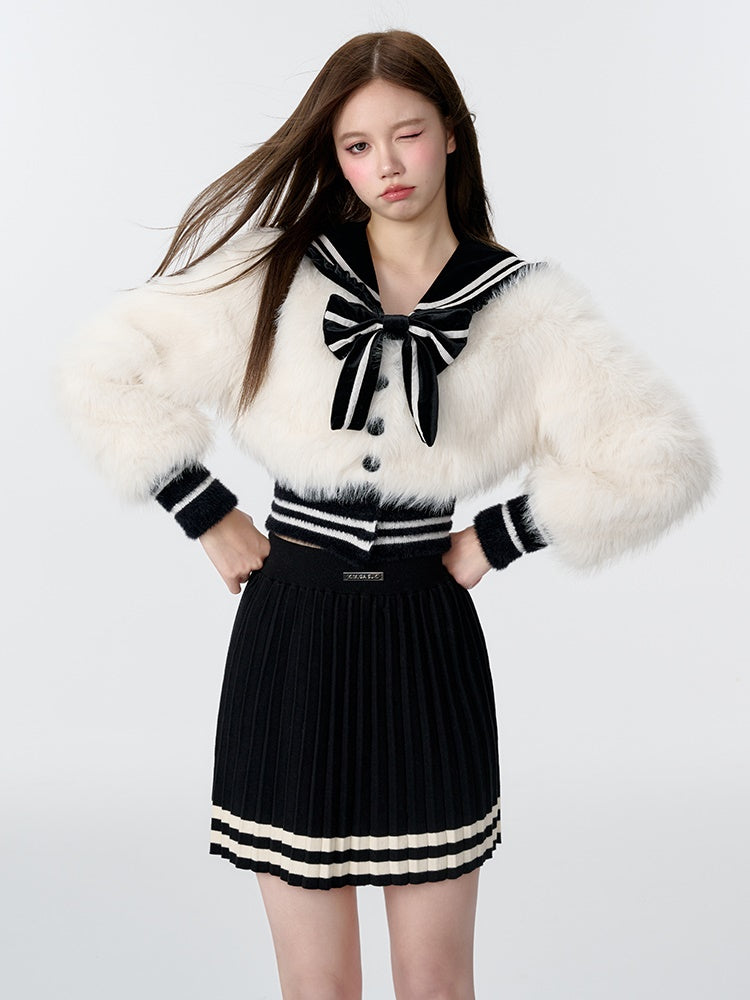 Navy Collar Imitation Fur Short Jacket