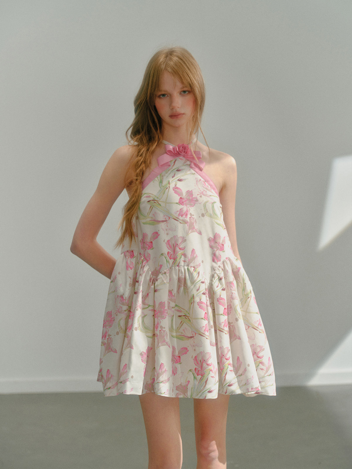 Halter Neck Floral Printed Sweet Bow Puffy Dress