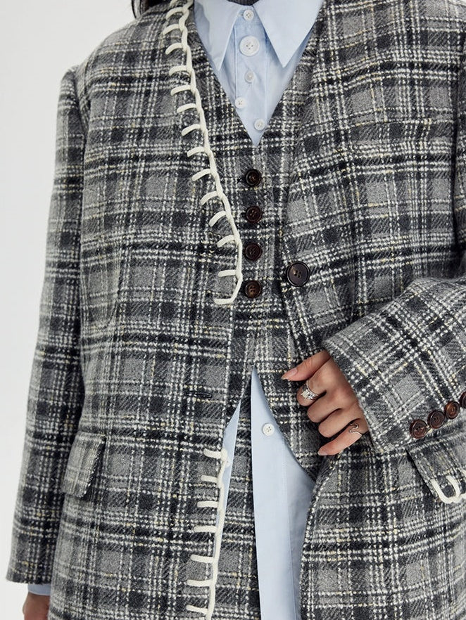 Woven Plaid No-Collar Jacket & Vest & Pleated Skirt