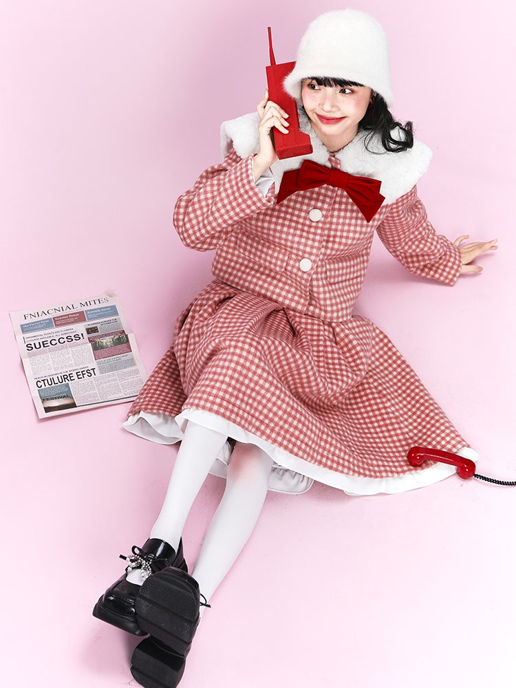 Retro Gingham Plaid Big Collar Jacket & Pleated Skirt