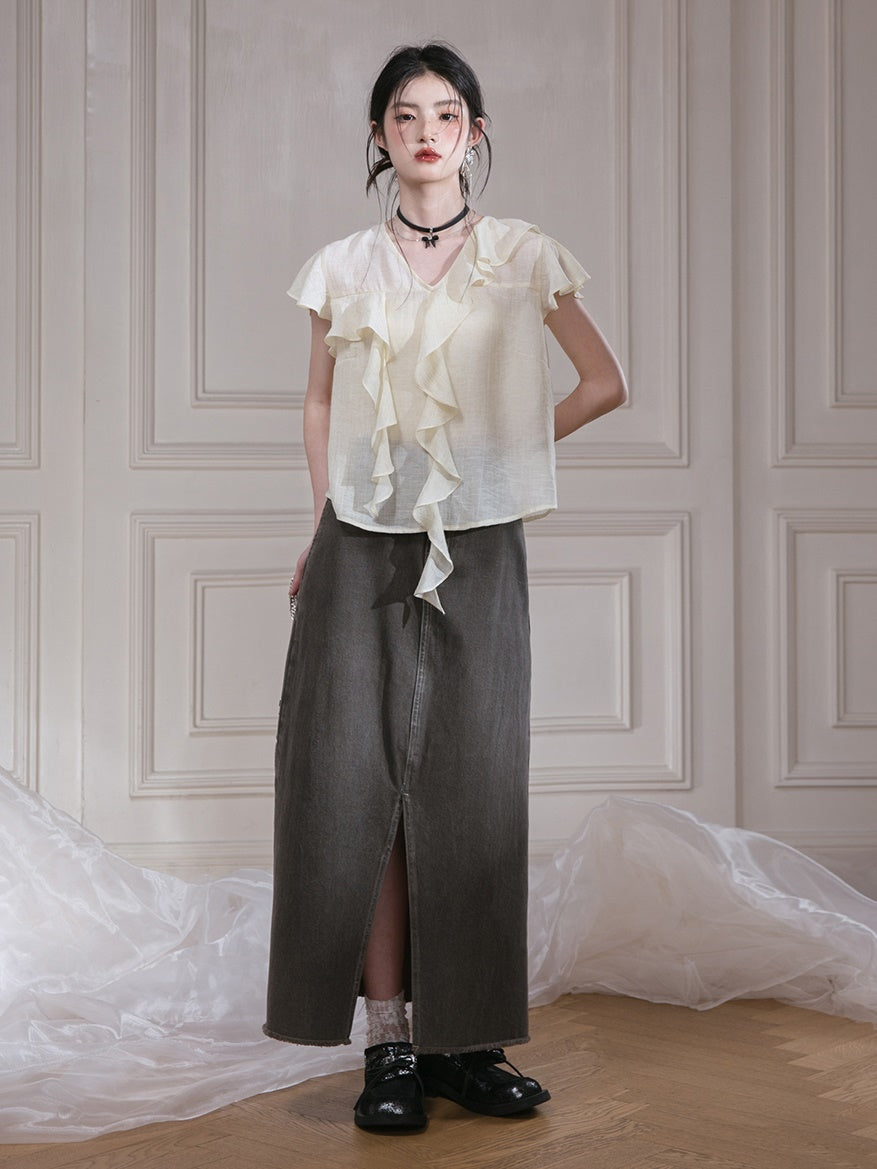 Romantic Curve Ruffle Chiffon Shirt & Tube Top Set-up