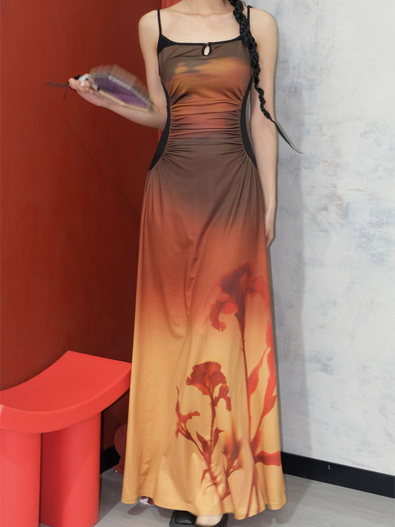 Gradation Printed Elastic Slim Fit Suspender Dress