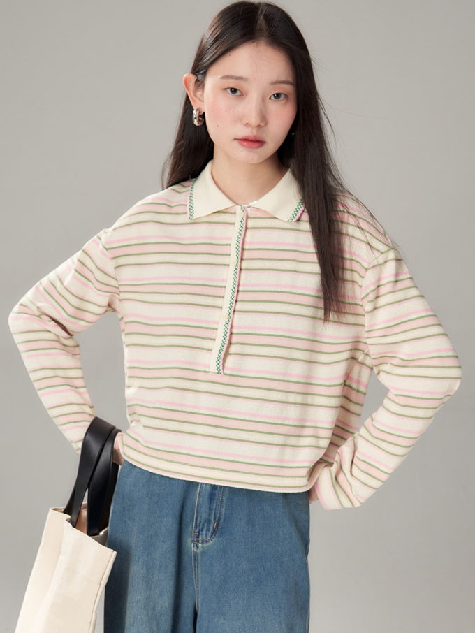 Easy Chic Grainy Texture Striped Knitted POLO Shirt & Skirt