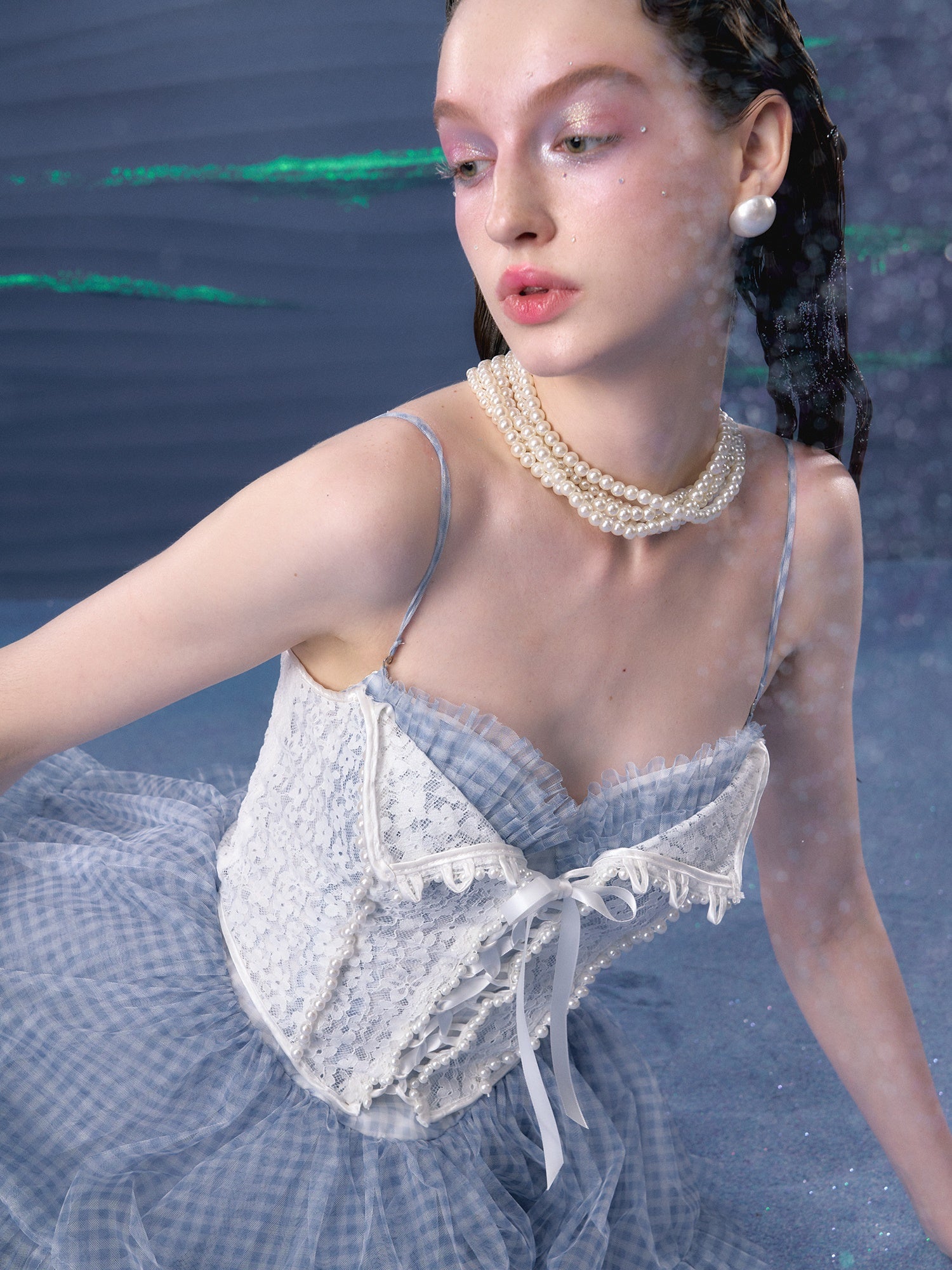 격자 무늬 메쉬 투투 서스펜더 드레스 & 레이스 진주 코르셋