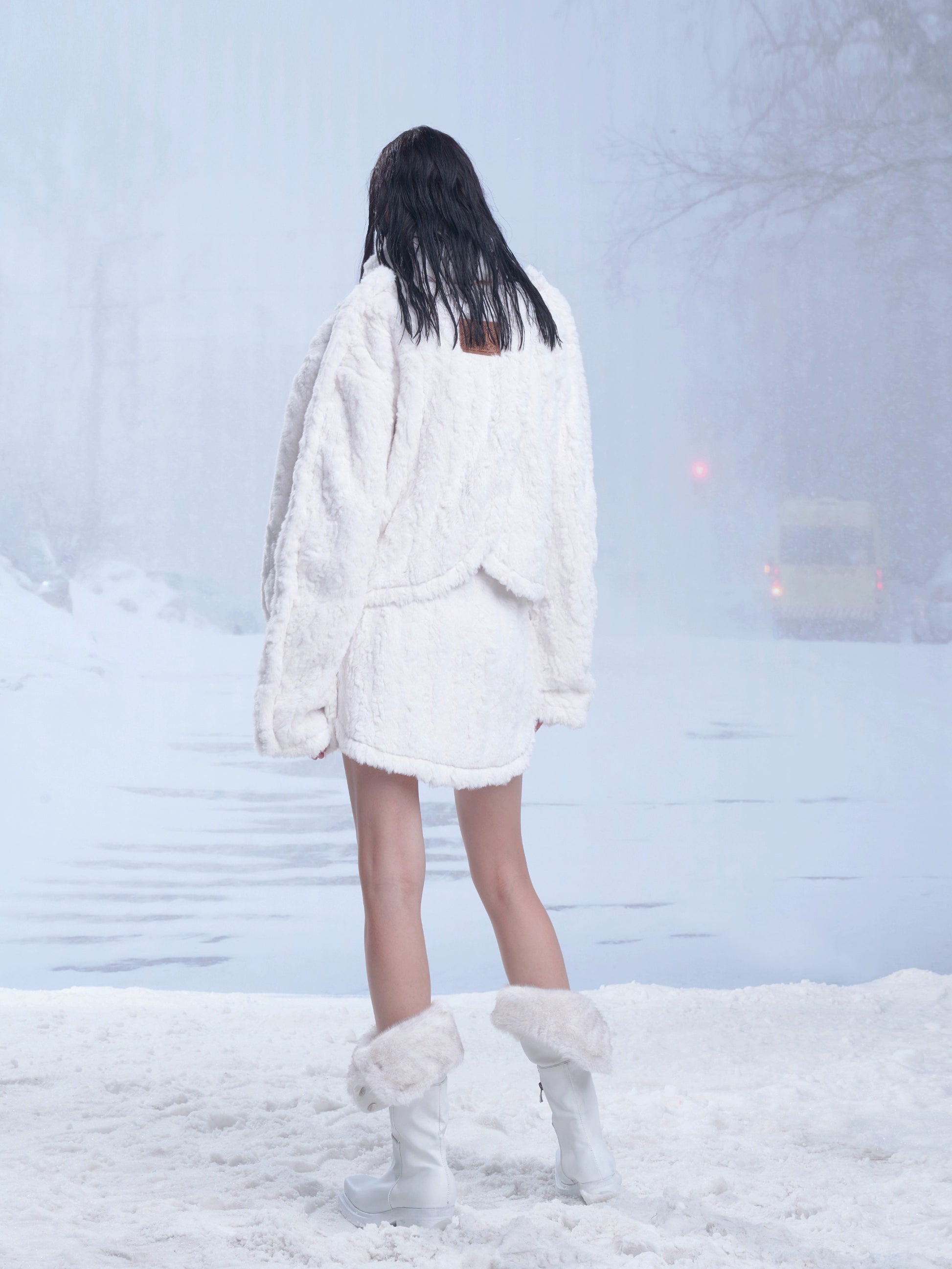 Fluffy Fur Hollow Short Jacket & Wrap Design Skirt