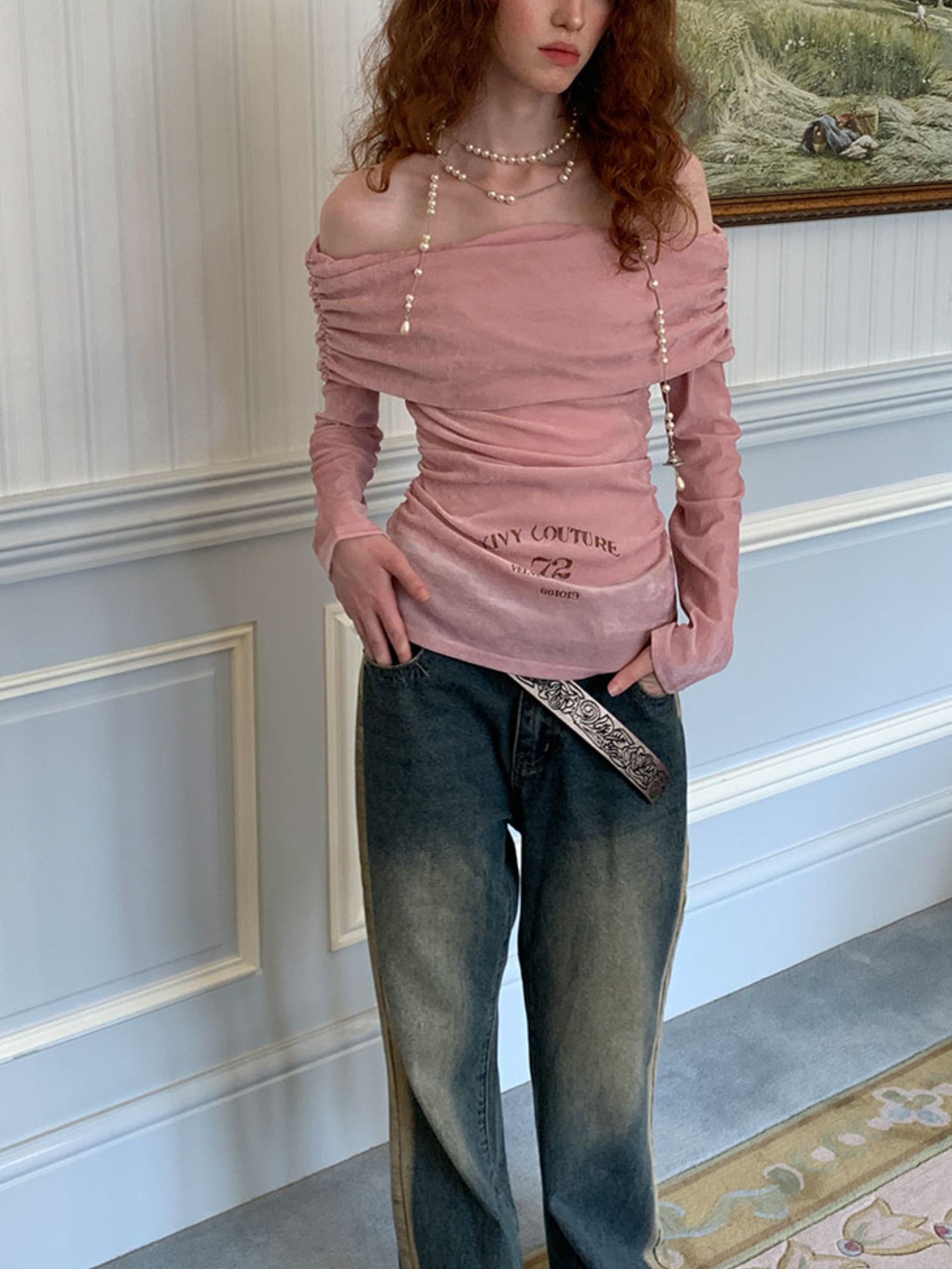 원라인 칼라 벨벳 프린트 스트레치 보텀 셔츠