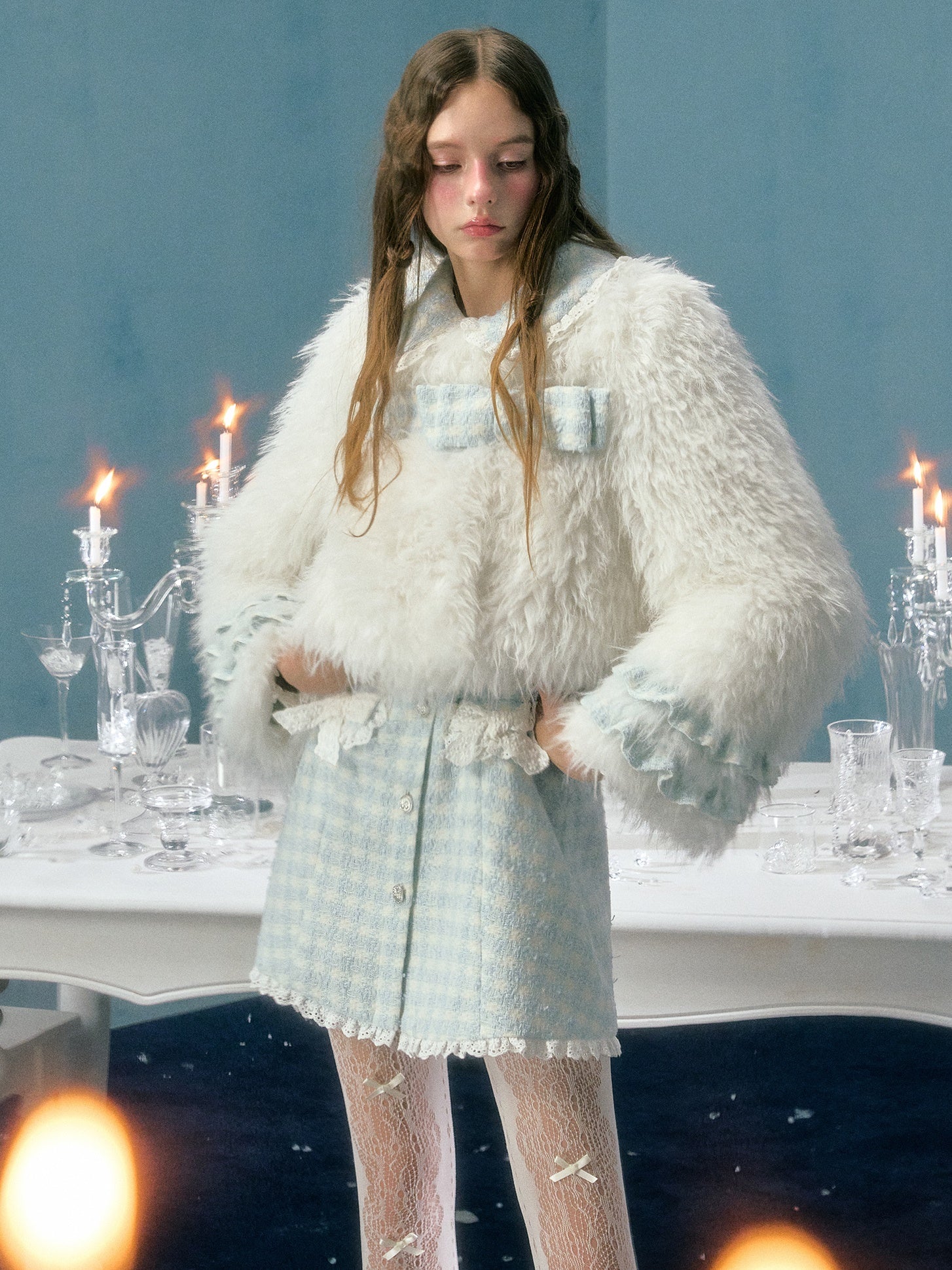 Bow Decoration Imitation Fur Plush Short Coat