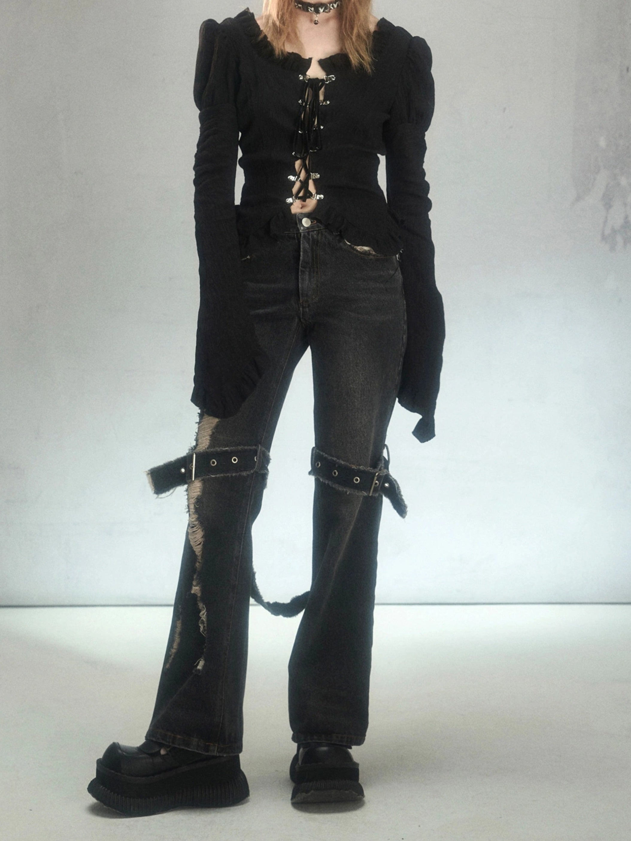 Punk Raw Edge Ripped Holes Flared Denim Trousers